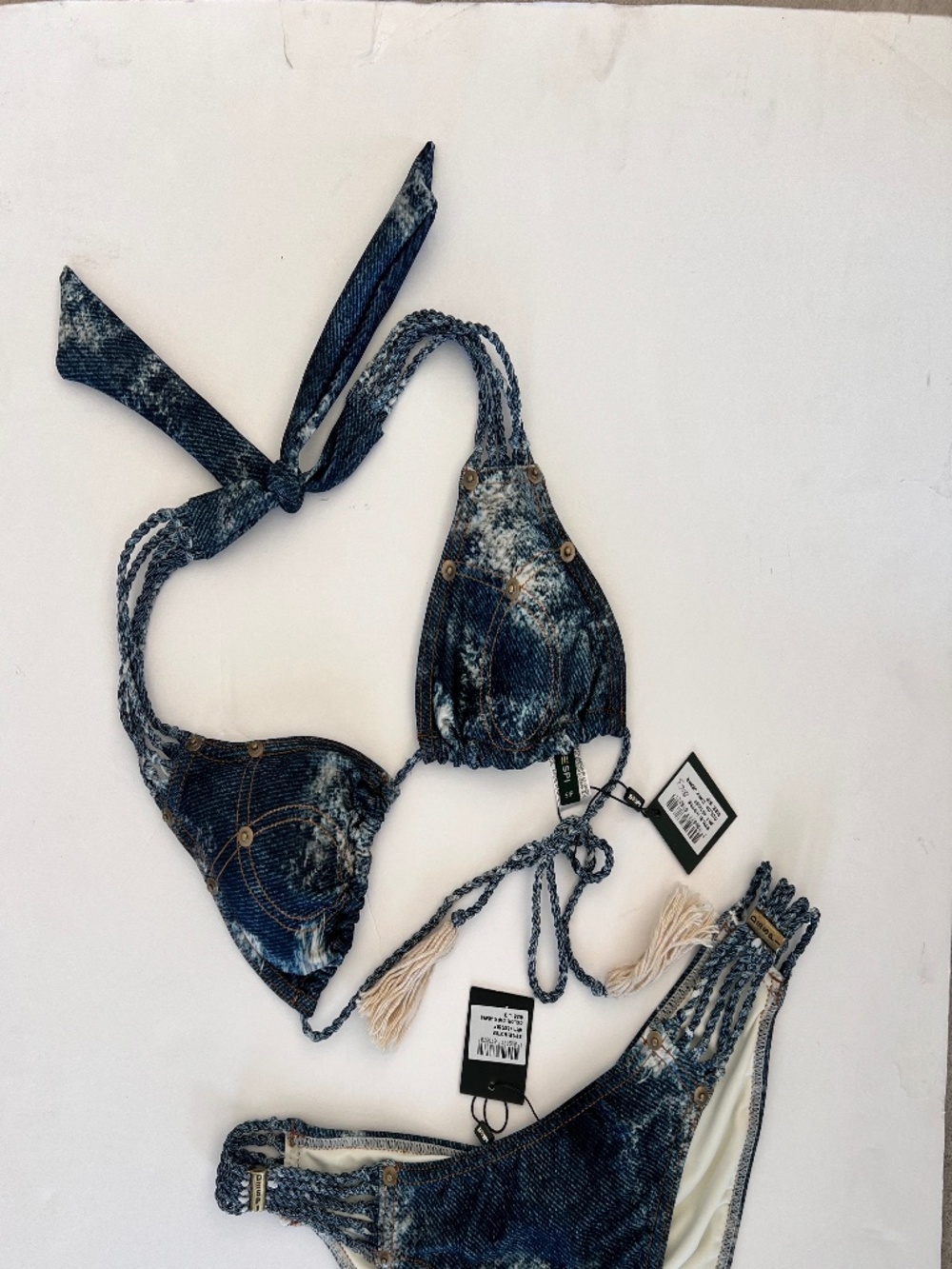 Brand New Despi Denim Print Bikini Set | Hottie Style | Fringe & Braided Detail